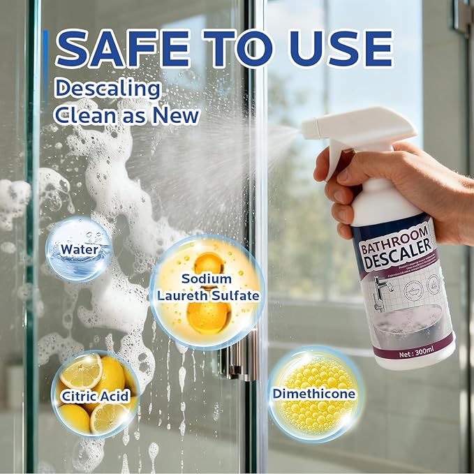Bathroom Descaler Foam Cleaner for Hard Water Stains - Powerful Foaming Spray for Shower Toilet Sink Tile Cleaning, Limescale Buildup Remover All-Purpose Bathroom Cleaner (10.1 Fl Oz)