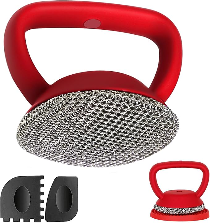 MEIXINZHI Cast Iron Cleaner, Chain Mail Scrubber & Pan Grill Scrapers - 2 in 1 Cast Iron Skillet Cleaner (red, with mat)