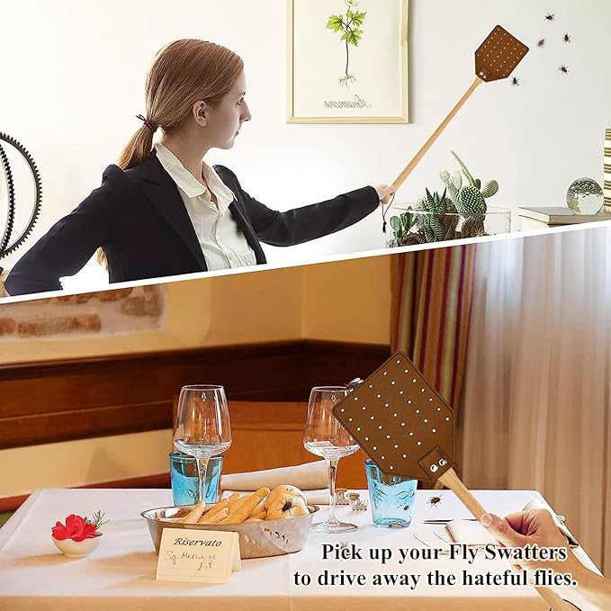 Heavy Duty Leather Fly Swatter, Long Handle Fly Swatter with Beech Wood Handle 19.7" Length, Flyswatter for Indoor and Outdoor (Brown)
