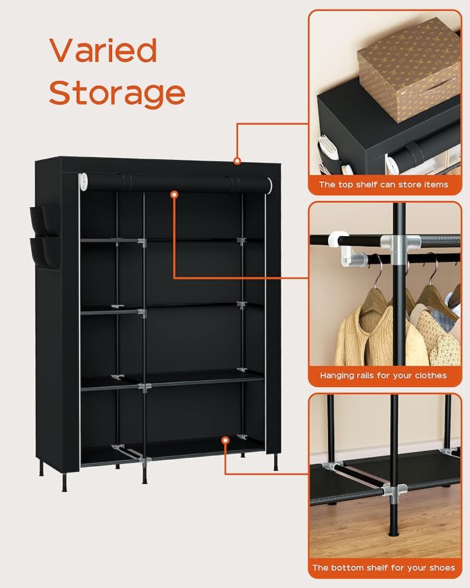 CASAMAYA Portable Closet, 48 Inch Large Capacity Wardrobe Closet, Clothes Storage Organizer with Shelves and Hanging Rod, Easy to Assembly, Black PCT221B01