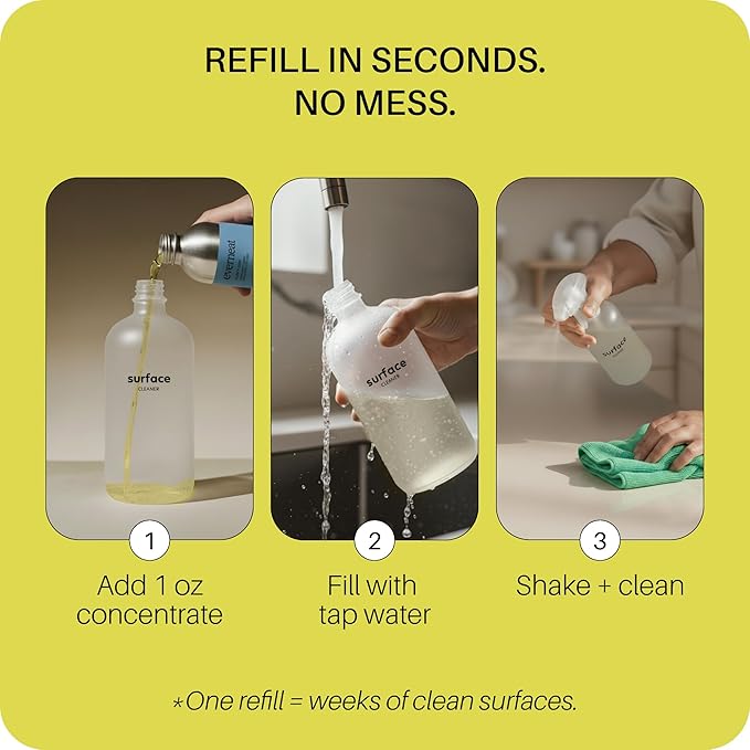 Everneat Probiotic Surface Cleaner Concentrate – Cleans for Days, Refillable, Non-Toxic | Glass Spray Bottle | Eucalyptus, Peppermint, Lemon & Tea Tree | 1 oz (Just Add Water)
