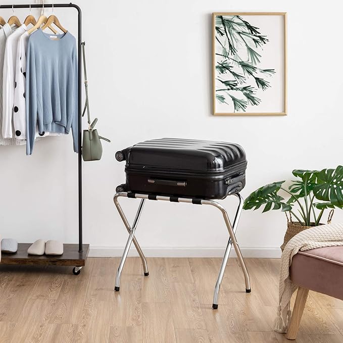 Tangkula Chrome Luggage Rack for Guest Room, No Assembly Required, Folding Metal Suitcase Stand with Nylon Belts, for Home Bedroom Guest Room Hotel, Luggage Rack, Silver (3)