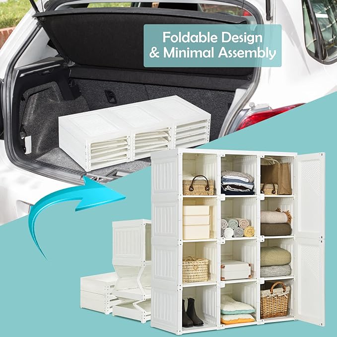 Tangkula Portable Closet Wardrobe, Foldable Clothes Organizer with Cubby Storage, Hanging Rods, Easy Assemble Clothing Storage with Magnet Doors, Folding Bedroom Armoire (12 Cubbies)