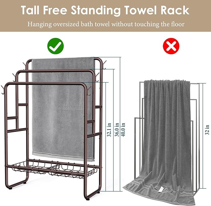 Kayfia 40" Tall Free Standing Towel Racks for Bathroom, 3 Tier Blanket Rack with 2 Storage Baskets & 6 Hooks, Towel Rack Stand for Large Bath Towels, Metal Blanket Ladder Holder for Bedroom (Bronze)