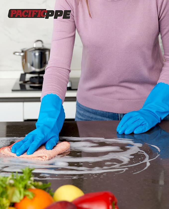 PACIFIC PPE 4 Pairs Reusable Dishwashing Cleaning Gloves with Latex Free, Cotton Lining, Kitchen Gloves, Blue, Medium