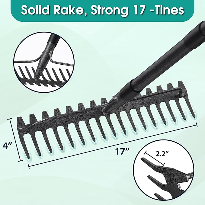Garden Rake:63 Inch Metal Garden Leaf Rake with 17 Tines, Heavy Duty Bow Rakes for Lawn Yard Leaves Debris Mulch Gravel Thatch Clean,Lawn Care Gardening Landscaping
