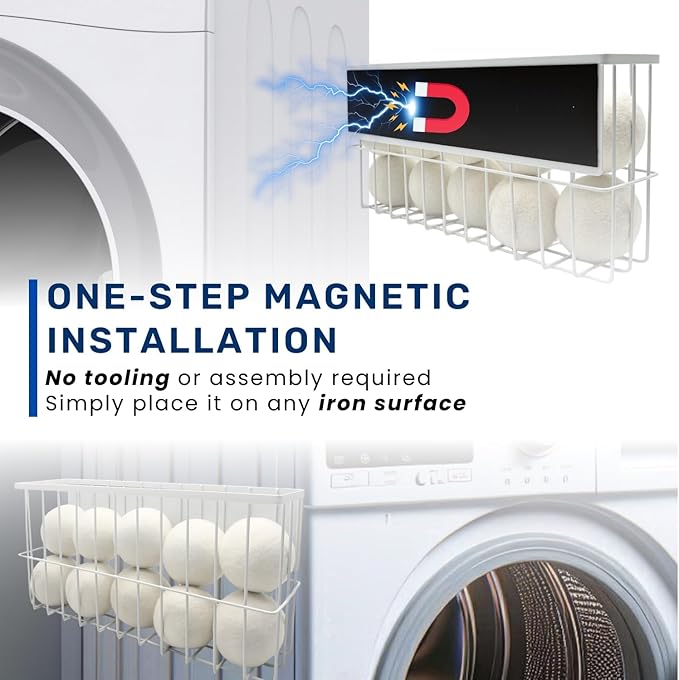 10 XL Wool Dryer Balls Laundry Reusable from New Zealand Wool & Magnetic Dryer Ball Holder - Laundry Wool Dryer Balls Storage Containers: Easy Install Without Tools, Magnetic Basket for Dryer Balls
