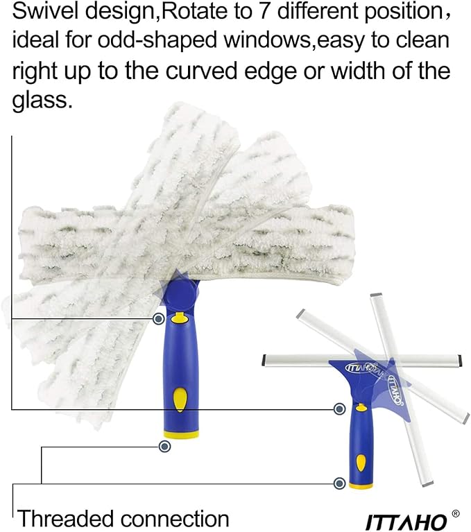 ITTAHO Window Washing Kit with Extension Pole, 10" Squeegee & 11" Microfiber Scrubber Combi with Stainless Steel Pole, Window Cleaner for Car, Sliding Door,Shower Glass Door-Swivel Style-2 Pads