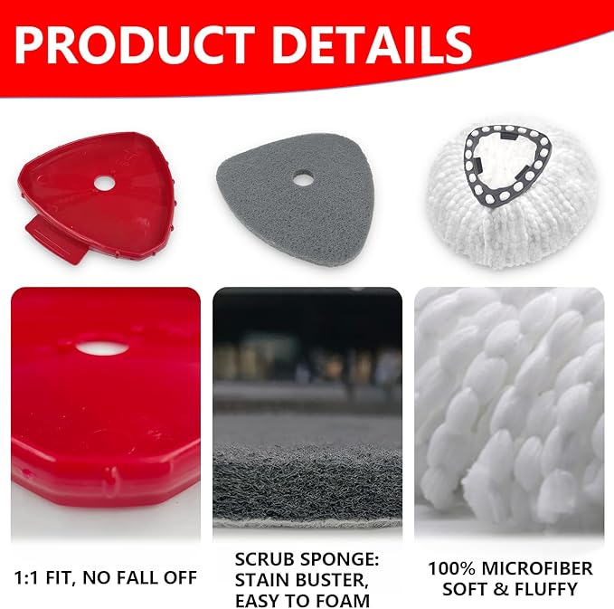 7 Pack Spin Mop Replace Head for O Cedar EasyWring 1 Tank, Includes 4 Microfiber Mop Replacement Refill, 2 Prone to Foaming Scrubber Sponge Brushes & 1 Connector for Kitchen, Bathrooms, Glass