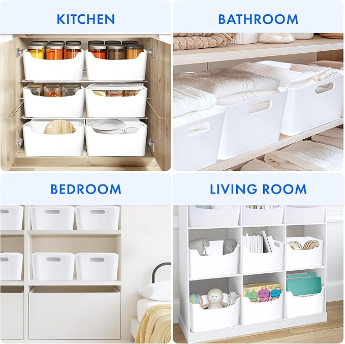 FINESSY White Plastic Storage Bins for Shelves, Small Closet Kitchen Storage Containers for Pantry Bathroom Office Organization Baskets, Cabinet Organizing Containers, White Organizer Bins for Shelves