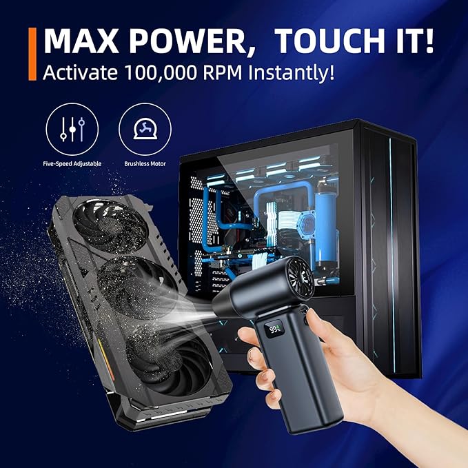 Compressed Air Duster, 100000RPM Electric Air Duster, 5+1 Gear Adjustable Mini Blower with LED Light, Super High-Speed Air Blower for Keyboard,Car,Home & Outdoor Dust-Compact & Lightweigh