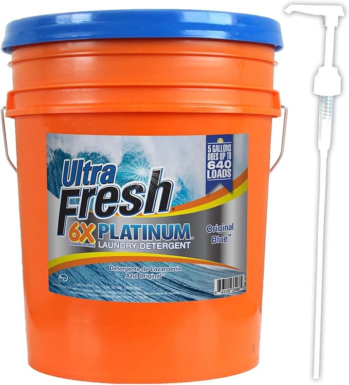 Ultra Fresh 6X Platinum 5 Gallon Laundry Detergent Liquid for All Machine Types with Easy Dispensing Pump, Up to 640 Loads, Original Blue (5 Pack)