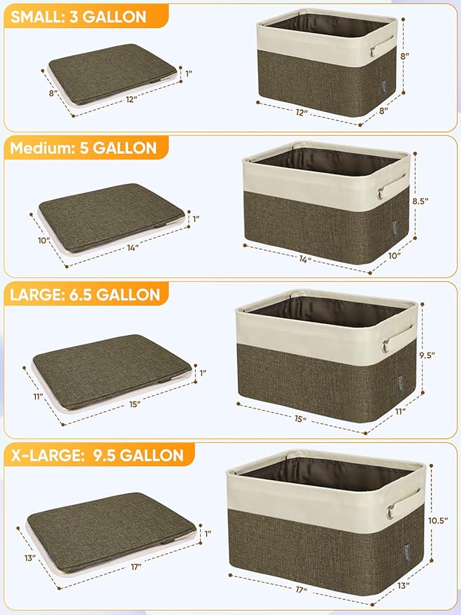 BALEINE 4 Pack Fabric Storage Bins for Shelves, Linen Storage Baskets for Organizing, Decorative Closet Bins for Clothes, Home (Brown, 17''x13''x10.5'')