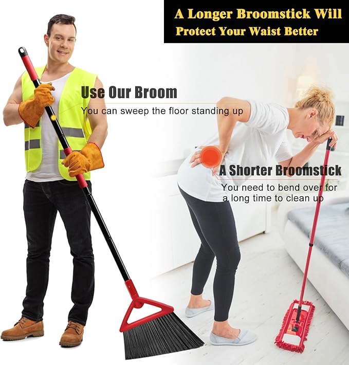 Heavy Duty Angle Broom, Upgraded Commercial Broom for Sweeping Indoor and Outdoor, Perfect Red Broom of Kitchen, Garage, Industrial and Courtyard
