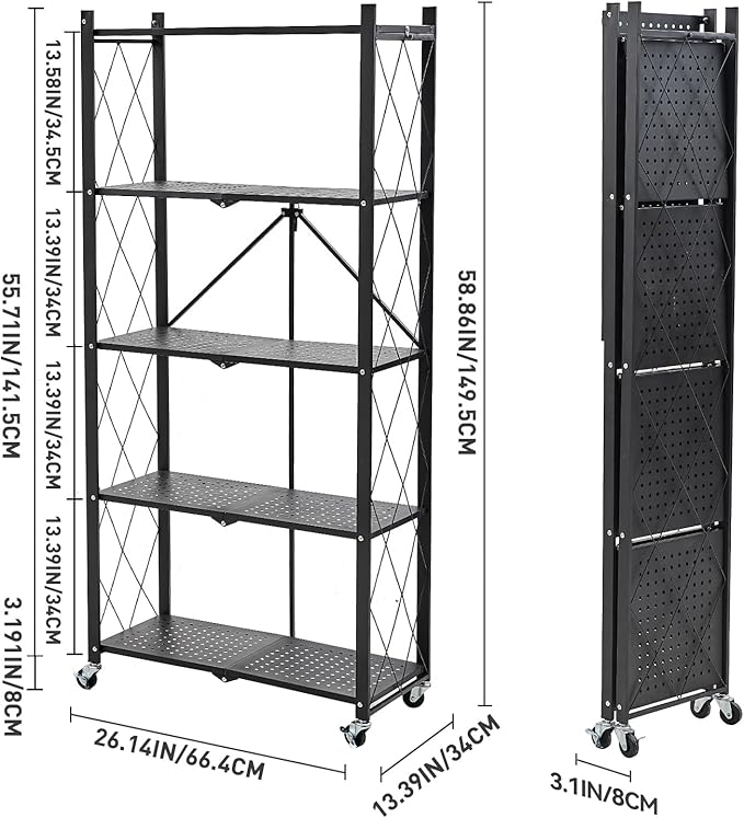 BRIAN & DANY 5-Tier Foldable Storage Shelves with Wheels, Folding Metal Rack Shelving Unit, Heavy Duty No Assembly Organizer Shelf for Garage, Kitchen, Basement, Pantry, Black