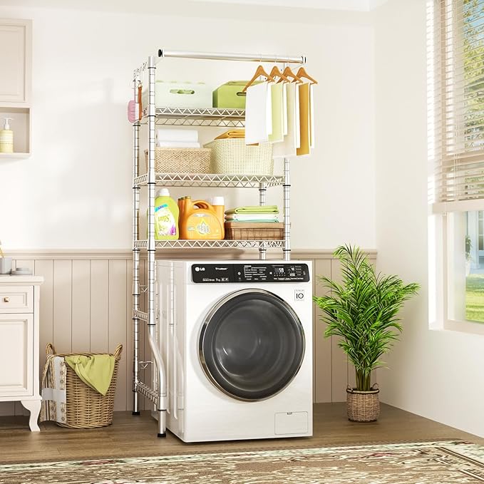 Ulif U11 Mini Over Washer and Dryer Shelves, 3 Tiers Laundry Room Storage and Organizer Standing Shelf, Metal Freestanding Clothes Drying Rack, 28.3" W x 19.7" D x 77.6" H, Chrome