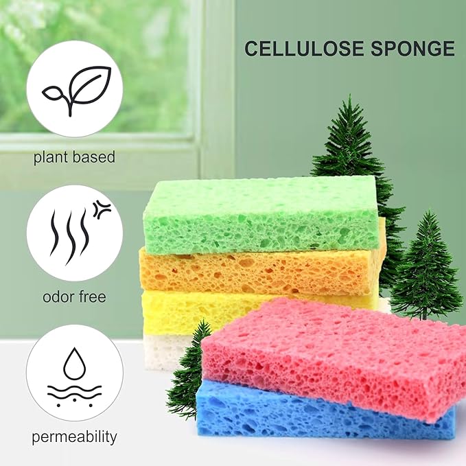 Cellulose Sponges,Heavy Duty Scrub Kitchen Sponge,Clean Tough Messes Without Scratching Sponges Kitchen,Pop Up Eco Sponges DIY Orange (6 Pack)