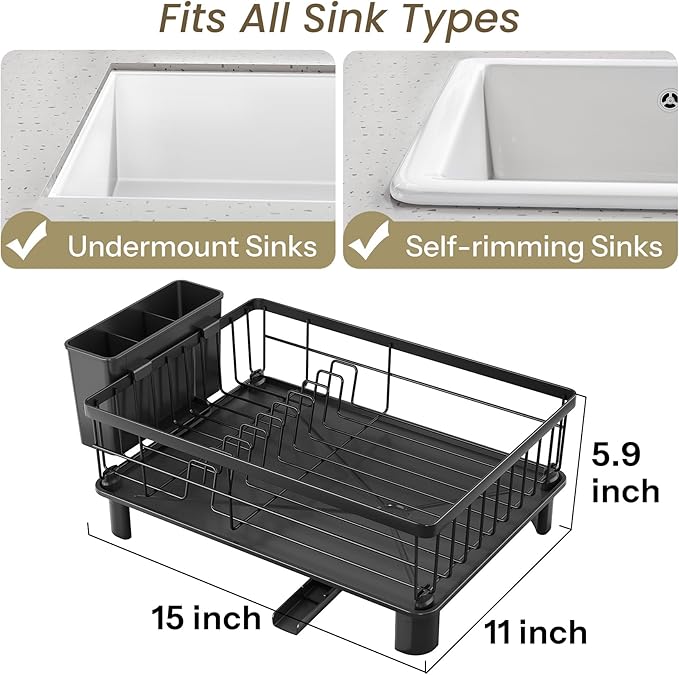 SNTD Dish Drying Rack - Space-Saving Dish Rack for Kitchen Counter, Stainless Steel Dish Drainer with Utensil Holder and Drainboard, 11" W x 15" L (Black)