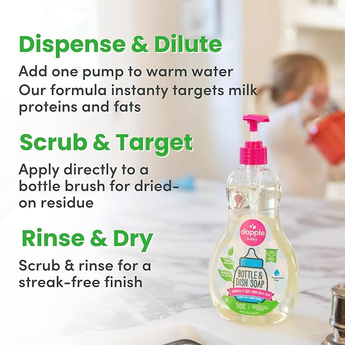 Dapple Baby Bottle Soap, Hypoallergenic Dish Soap for Baby Bottles, Powered by Plants, 1 Pump Included, Packaging May Vary, Fragrance Free, 16.9 Fl Oz (Pack of 3)