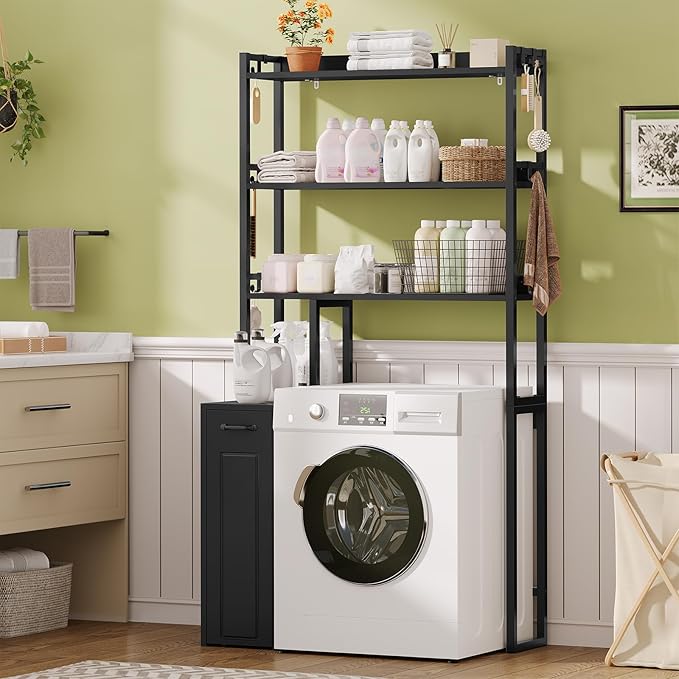 UPOSOJA Over The Toilet Storage Cabinet with Pulley, Bathroom Organizer W/6 Hooks for Restroom, Laundry, Plant Stand (Black)