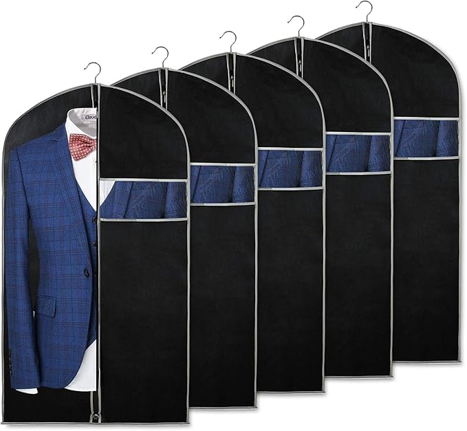 Syeeiex 40" Suit Bag, Set of 5 Garment Bags for Hanging Clothes, Suit Bags for Closet Storage, Garment Bags for Storage Suits,T-shirts, Jackets and Coats(Black & Grey)