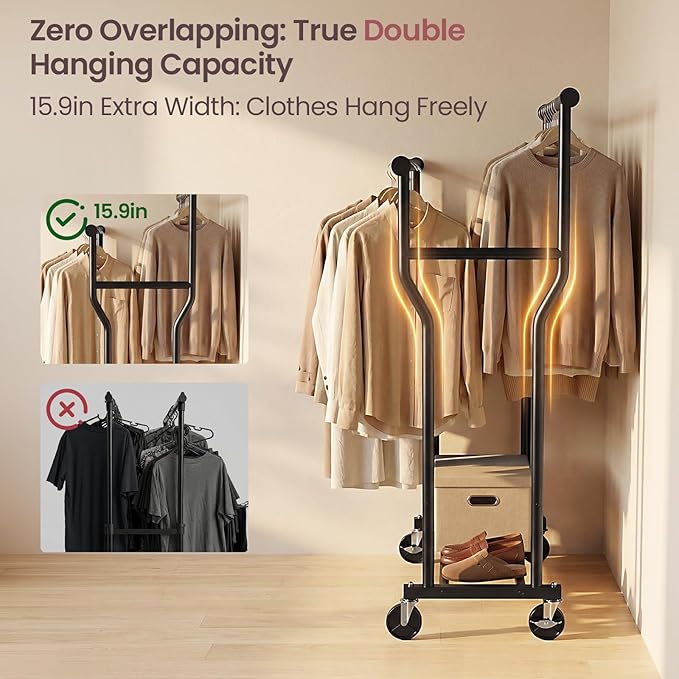 Clothes Rack, Double Rods Rolling Clothing Rack for Hanging Clothes Load 260 LBS Closet Rack with Wheels, Metal Portable Garment Rack for Bedroom Laundry Living Room, Black