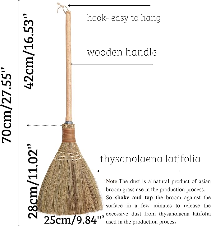 BMart Home Small Natural Whisk Sweeping Hand Handle Broom - Vietnamese Straw Soft Broom for Cleaning - Decoration Items - Indoor - Outdoor - 7.87'' Width, 24.4" Length