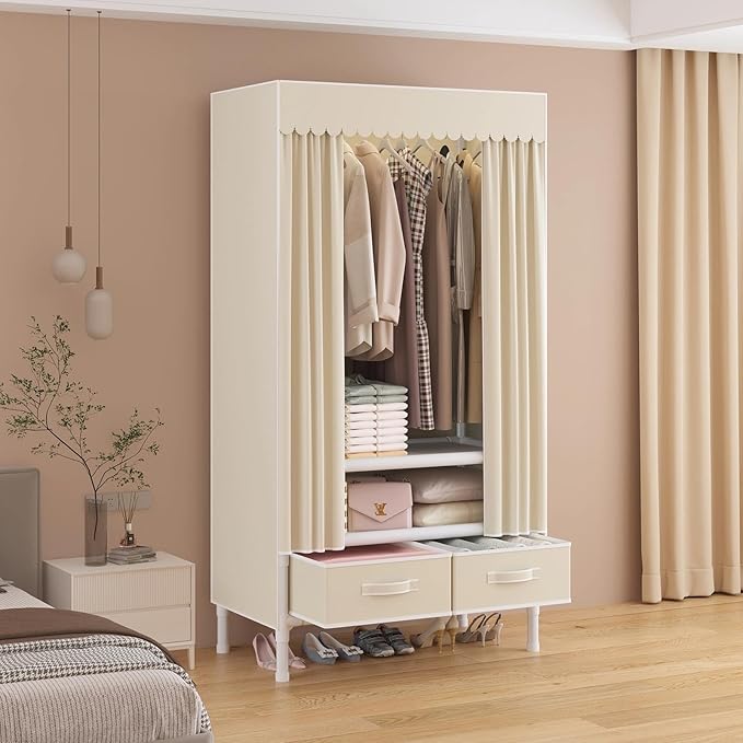 Portable Closet,Garment Rack,Heavy Duty Clothes Rack with Cover,Wardrobe Closet with 1 Hanging Rods, 2 Storage Shelves and 2 Drawers,27.5" L x 17.7" W x 67.7" H,Pale Yellow