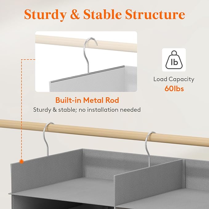 Lifewit Dual-Row Shelf Hanging Closet Organizer and Storage, Clothes Shelves with 3 Sturdy Hooks for Clothing Organization, Foldable Container Hold Up to 36 Sweaters, 6 Tier 12 Sections, Light Gray