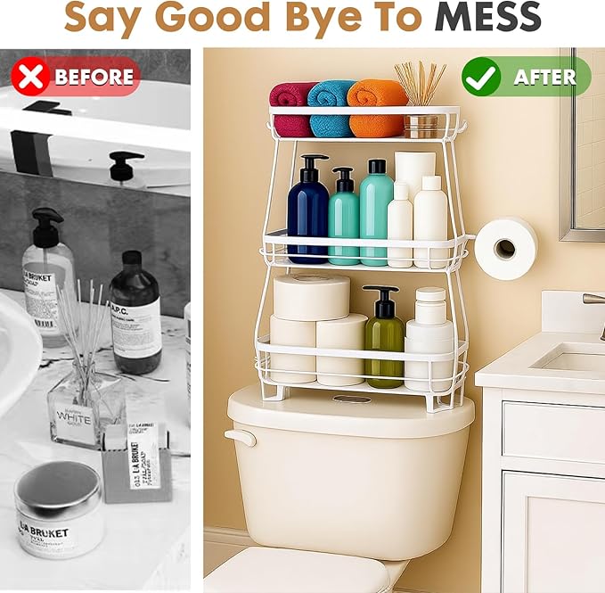 PowerKing Over The Toilet Storage Shelf, 3 Tier Bathroom Organizer Rack, No-Drill, Rust-Resistant Steel, Toilet Paper Holder for Restroom Bathroom, White