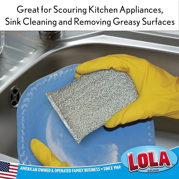 LOLA Wonder Non-Scratch Scouring Pad, 6 Pack, Large Knitted Flat Wire Cloth Fibers w/Foam Sponge Core, Assorted Colors (Gold or Silver)
