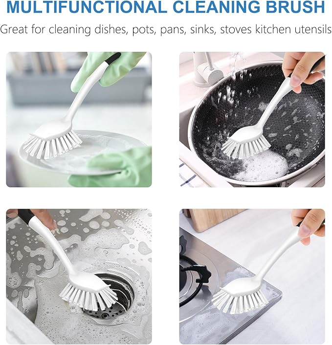 SetSail Dish Brush with Handle, 3 Pack Stiff Bristles Dish Scrubber with Built-in Scraper Dish Scrub Brushes for Cleaning Dishes, Pots and Pans, Kitchen Sink, 3 Pack, Black White