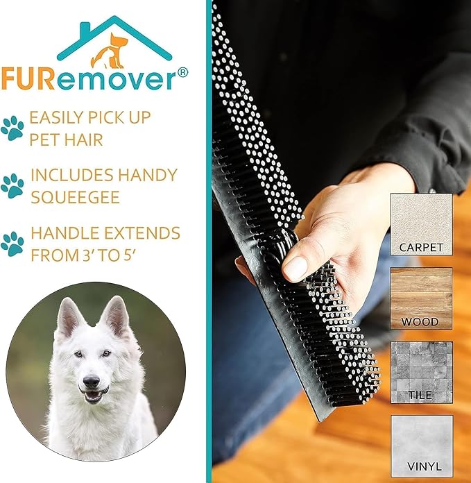 FURemover Original Pet Hair Rubber Broom with Squeegee, with 58" Telescopic Handle for Carpet, Tile and Hardwood