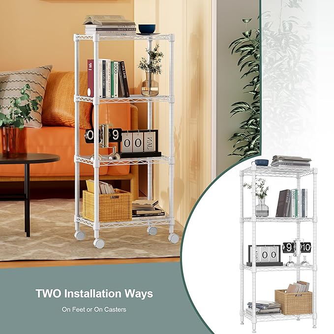 M MZG 1000 lbs 4-Shelf Adjustable Heavy Duty Steel Wire Rack, Adjustable Storage Shelving Unit with Wheel for Kitchen, Garage, Laundry White 11.8" D x 17.7" W x 40.8" H