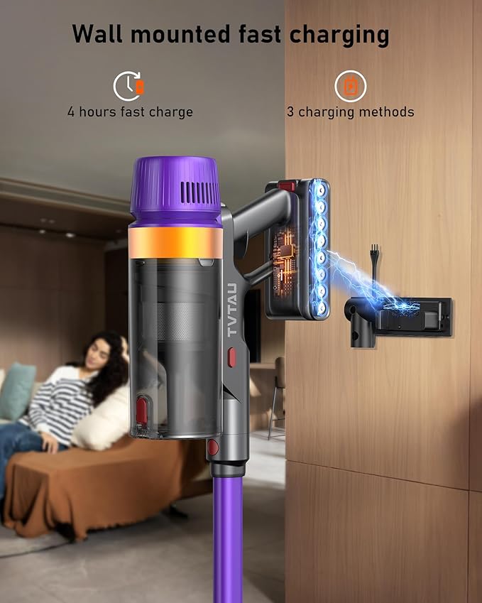 TVTAU Cordless Vacuum Cleaner, 620W 55KPA 75Mins Runtime Stick Vacuum with Self-Standing, LED Display, V-Shape Anti-Tangle Brush, 8-Stage Filtration, for Hardwood Floors Carpets Pet Hair, T10 Pro