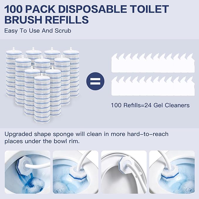 100PC Toilet Bowl Wand Refills, Disposable Toilet Brush Heads, Upgraded Toilet Scrubber Refill, Toilet Cleaner Refill Pads with Most Toilet Brushes for Easy Bathroom Cleaning