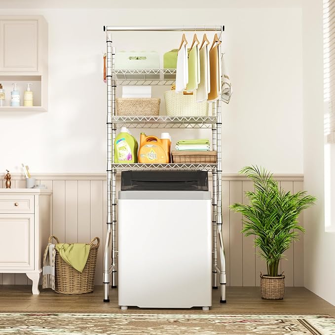 Ulif U11 Medium Over Washer and Dryer Shelves, 3 Tiers Laundry Room Storage and Organizer Standing Shelf, Metal Freestanding Clothes Drying Rack, 31.1" W x 19.7" D x 77.6" H, Chrome