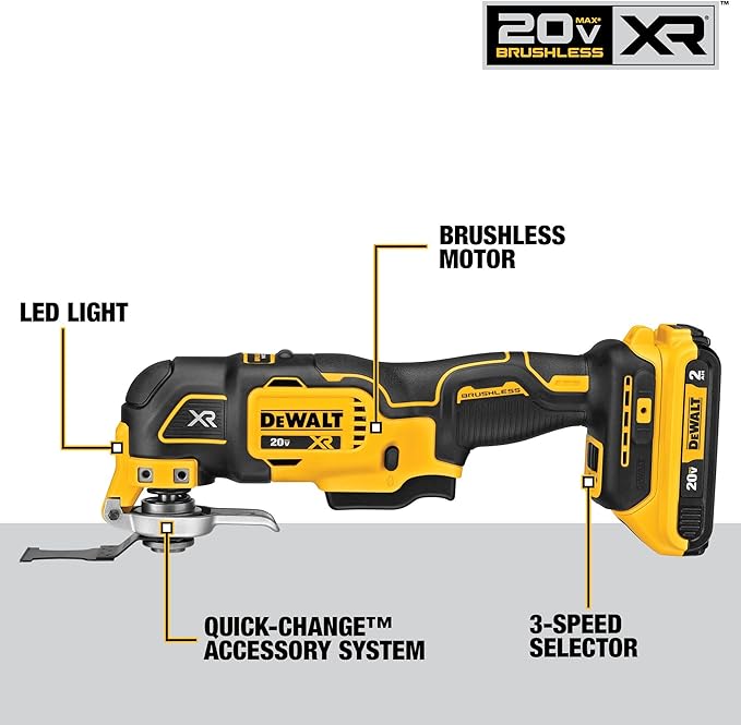 DEWALT 20V Oscillating Tool, Cordless, Wood Blades, Sandpaper, Tool Bag, Battery and Charger Included (DCS356SD1)