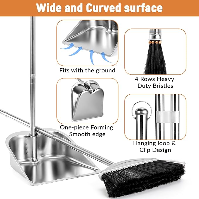 VOOWO Broom with Dustpan Combo Set, 46" Stainless Steel Broom and Dustpan Set for Home, Heavy Duty Dust Pan with Long Handle, Broom for Sweeping Indoor and Outdoor, Kitchen Broom and Dust Pan (Black)
