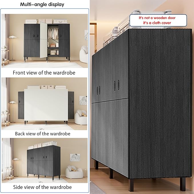 Heavy Duty Covered Clothes Rack with Magnetic Door Foldable Portable Wardrobe Closet for Hanging Clothing Rolling Black Metal Garment Rack on Wheels Closet System (Black, 58.9in)