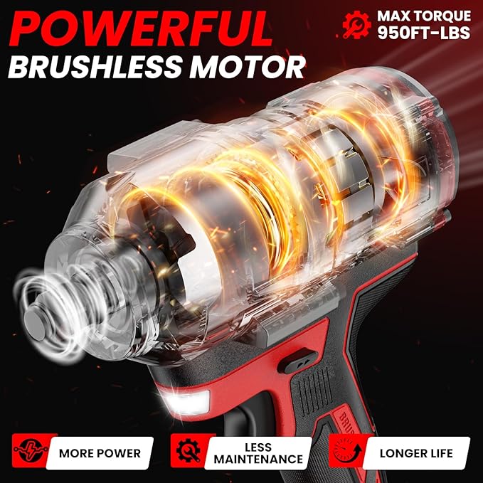 Cordless Impact Wrench 1/2 inch for Milwaukee 18V Battery, Impact Wrench 1360N.m(950Ft-lbs) High Torque Brushless Electric Impact Gun, Power Impact Driver with 3-Mode Speed, LED Work Light(no battery)