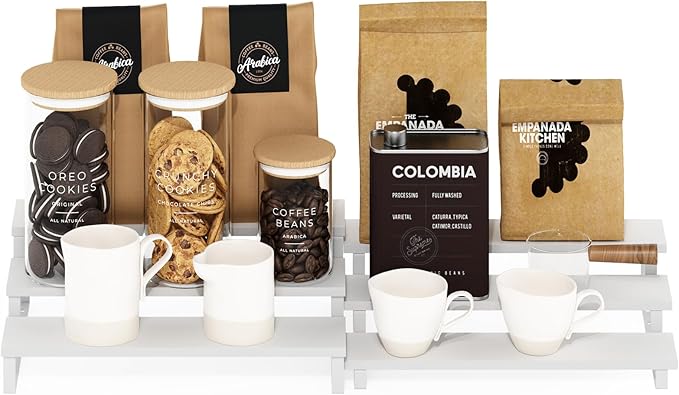 Furinno RAVEL Kitchen Countertop Organizer Set of 2, 3-Tier Counter Shelves, Kitchen Storage, Expandable, Spice Rack, for Pantry, Coffee Bar, White