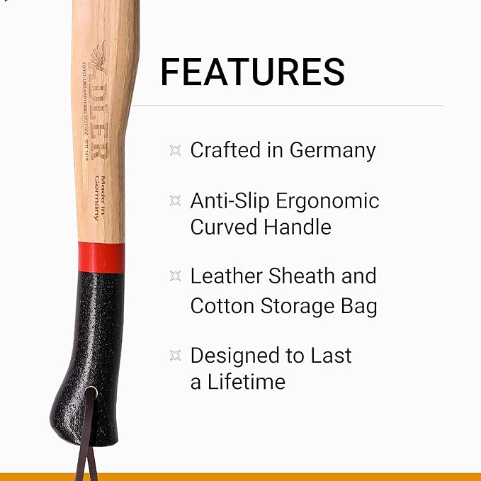 Adler Rheinland Camping Hatchet with Leather Sheath - German Forged, 14" Hickory Handle, Compact Hatchet for Hiking, Bushcraft, Wood Carving, Preparing Kindling (Red Stripe)