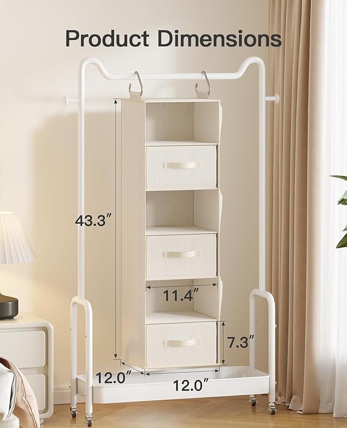 Pipishell Hanging Closet Organizer 6-Shelf, Hanging Shelves for Closet with 3 Removable Drawers & Side Pockets for Bedroom, Garment Rack and Wardrobe Organization, 12' x 12' x 43.3', White