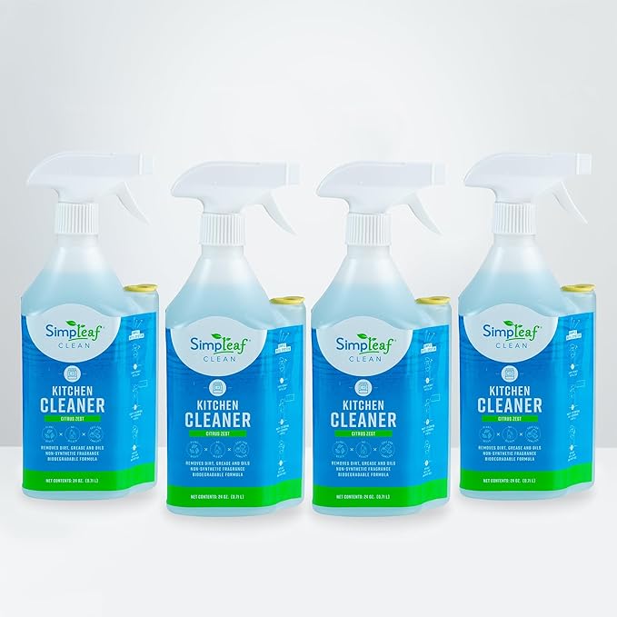 Simpleaf Clean Kitchen Degreaser Cleaner | Refill System Cleaners| Bleach‑Free| Ammonia‑Free|Grease, Oils & Food Soil Remover | Citrus Zest 24oz x 4