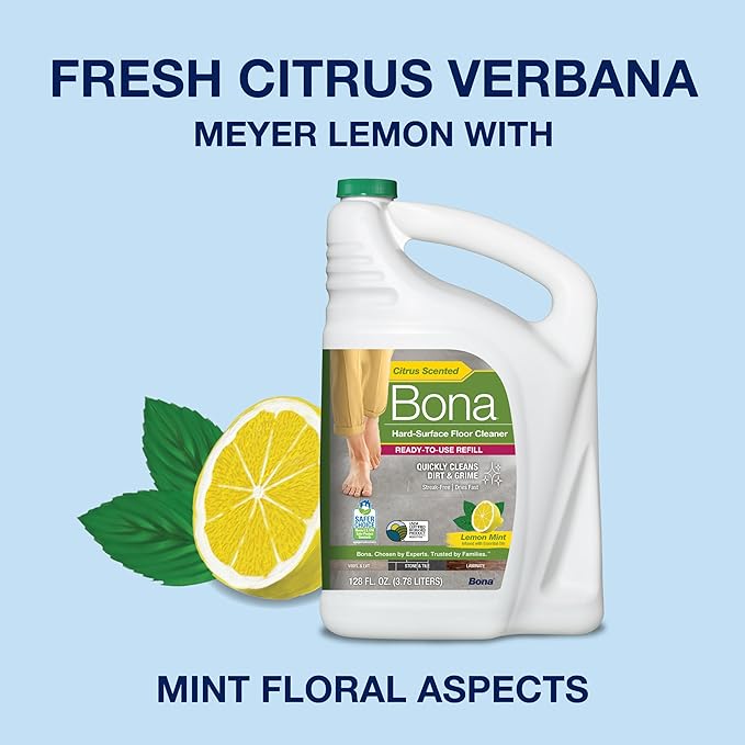 Bona Multi-Surface Floor Cleaner Refill - 128 fl oz - Lemon Mint - Residue-Free Floor Cleaning Solution refill for Spray Mop and Spray Bottles - For Use on Stone, Tile, Laminate, and Vinyl Floors