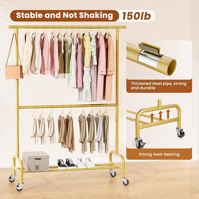Abiglifty 2 Tier Clothes Rcks for Hanging Clothes, Heavy-Duty Clothing Rack with Wheels,150LBS Capacity, 42" W X15 D X 77" H Garment Rack with Bottom Shelf, for Bedroom, Living Room, Gold