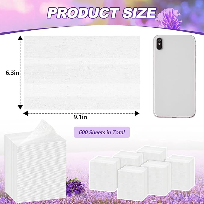 600 Count Dryer Sheets Bulk Fabric Softener Lavender Scent Dryer Sheets Naturally Softens and Removes Static Cling, Ideal for Large Households, Sensitive Skin