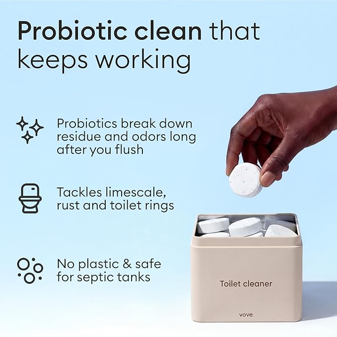 Vove Probiotic Toilet Bowl Cleaner Tablets, 12 Count - Lime & Eucalyptus, Citric Acid + Oxygen Bleach Fizzing Formula, Dissolves Hard Water Stains & Limescale, Plant-Based, Septic Safe, Plastic-Free