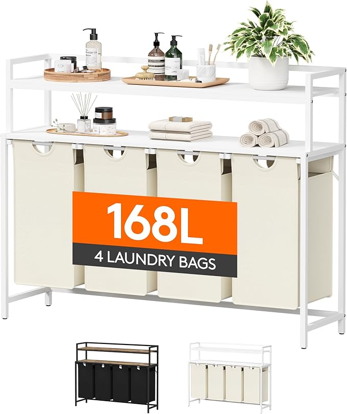 Lifewit Laundry Hamper 4 Section, 168L Pull out Laundry Clothes Basket Organizer with Large Top Shelf and 4 Removable Bags and Handles for Laundry Room Bedroom Bathroom, White with Shelves